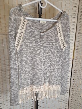 Lashes Gray Marled Hooded Sweater Crochet Lace Fringe Hem Boho Top